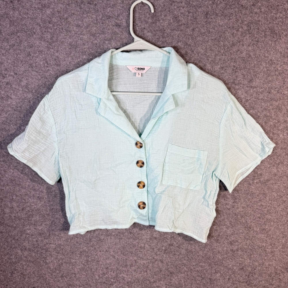 C SONO Mint Green Gauze Cropped‎ Shirt Button Front Collared Short Sleeve Size S